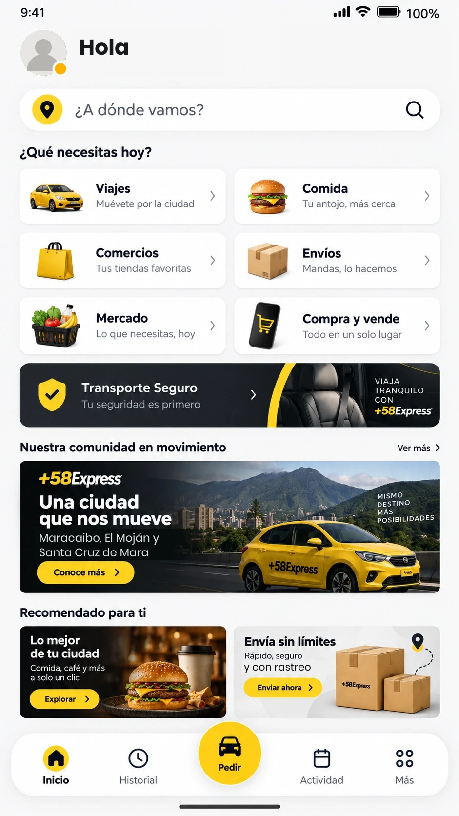 Inicio de +58Express con los servicios disponibles