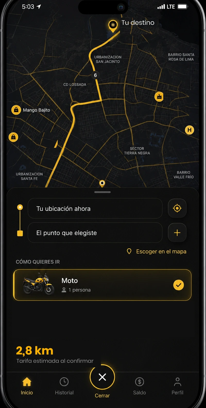 Mapa con la ruta trazada y la distancia del viaje antes de confirmar